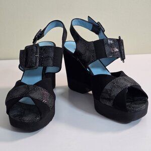 Thierry Rabotin Dorothi Sandal EU 41 US 10-10.5 Black Wedge Platform Fabric Top